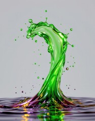 A dynamic, luminous splash of flowing water captured mid motion, isolated against a pristine white background, The water, infused with vibrant, glowing green hues