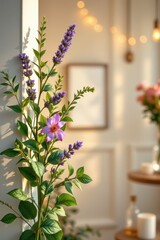 A captivating beauty salon scene captured from a luminous eye level perspective, inviting you into a serene, romantic atmosphere, On the left side of the position