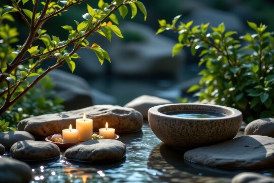 A serene spa still life nestled within an untouched natural landscape, captured from an eye level perspective that emphasizes intimacy and clarity, The position is split vertically