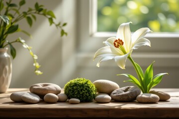 A serene still life scene bathed in gentle dappled light filtering softly through a nearby window, casting shimmering patterns across the position, On the right