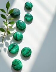 A serene and captivating position featuring smooth, polished spa stones arranged gracefully on a pristine white background, The stones, varying in size and shape