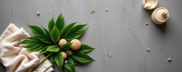 A serene spa scene captured from a top down, flat lay perspective, set against a textured gray concrete table that exudes understated elegance, In the foreground at the bottom of the position