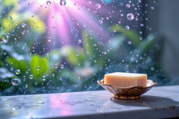 A luminous scene captured through a fogged, steamy shower glass reveals a solid soap bar resting on a delicate, ornate dish, The glass is streaked with swirling condensation