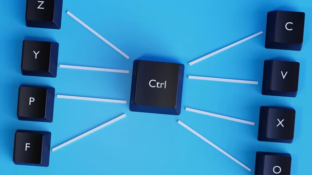 4K 3D Video animation ctrl shortcuts,  Ctrl Key with Connected Common Shortcuts (Copy, Cut, Paste, Undo, Redo, Find, Open, Print), Keyboard   and Computing Concept on Vibrant Blue Background