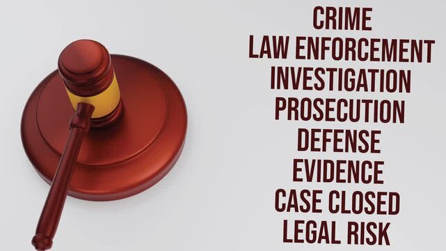 4K 3D Video Animation Gavel and Legal Terms Stack, Crime Law Enforcement Investigation Prosecution Defense Evidence Case Closed Concept on Neutral Gray Background