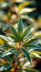 textured layers of delicate marijuana leaves, softly blurred yet richly textured, blending natural organic patterns with a gritty, urban aesthetic