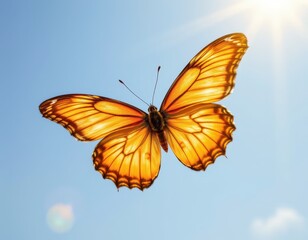 A sleek, elegant butterfly in mid flight, its wings shimmering with a radiant golden sheen that catches the light from above