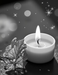an intimate close up of a single burning candle nestled beside a delicate, vibrant leaf, The candle's flickering flame casts a warm, pure brightness that dances across the scene