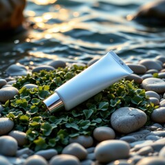 A sleek, slender cosmetic tube painted in delicate shades of icy light blue and pristine white, resting gracefully atop a textured bed of lush