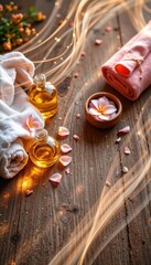 A luxurious spa scene gracefully arranged on a rustic, textured wooden surface that exudes warmth and natural charm