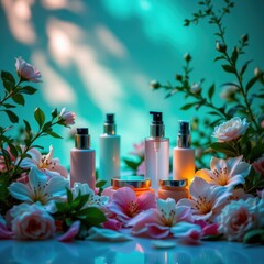 A mesmerizing scene featuring an elegant arrangement of cosmetic bottles and spa accessories nestled amidst lush