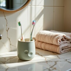 A serene, sun drenched bathroom scene captured from a Dutch angle, with a playful tilt that adds dynamic energy, In the foreground, a delicate pastel ceramic toothbrush holder