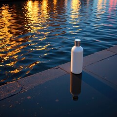 A serene urban scene viewed from a top down perspective at night, The waters surface is smooth and glassy