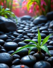 A tranquil, mystical scene centered around a bed of dark, smooth stones each one polished to a velvety sheen, their surfaces reflecting subtle hints of surrounding light