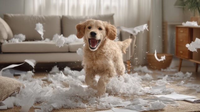 Excited golden retriever puppy playing in living room among torn paper chaos.