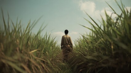 Obraz premium Man walks through tall grass field.
