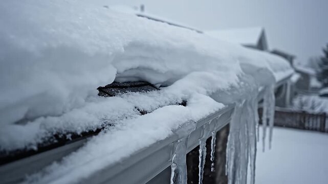 Snowy roof with icicles hanging down in winter weather conditions.