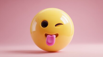 Fototapeta premium Playful yellow emoji ball with winking face and tongue expression on pink background.