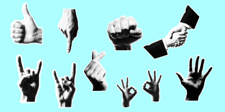 Retro halftone black and white hand gesture icons showing thumb up finger down fist handshake rock sign heart shape okay sign and open palm on blue background