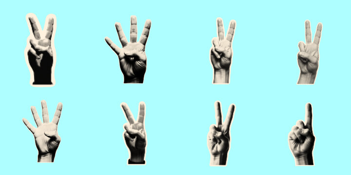 Pop art style collage showing various human hands counting from one to five with fingers in different positions on blue background with halftone shading effect