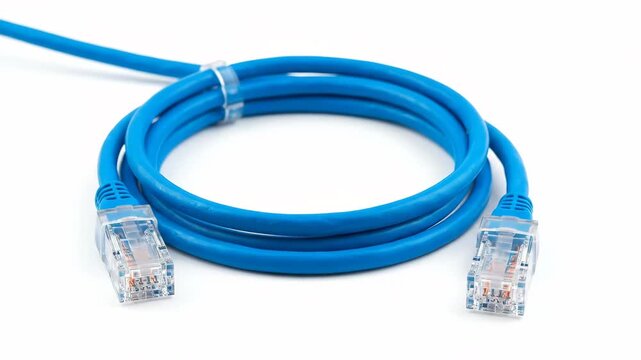 A coiled blue ethernet cable with clear RJ45 connectors on a plain white background.