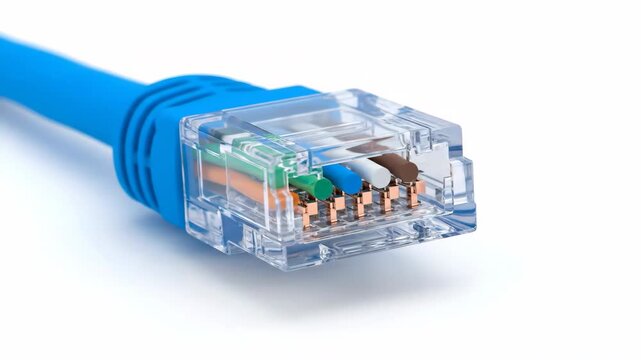 Close up of a blue network cable connector on a white background.