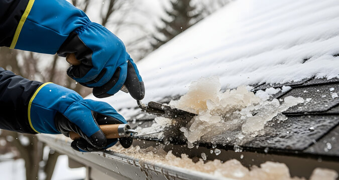 Person Cleaning Snow and Ice from House Roof Gutters