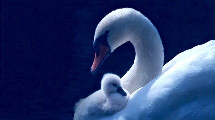 Fototapeta premium A serene moment captured in nature. A beautiful swan and its adorable cygnet rest peacefully. The image highlights the bond between mother and child. Perfect for wildlife enthusiasts. AI