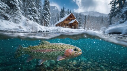 Fototapeta premium Rainbow trout swimming under icy stream with snowy cabin and mountain backdrop.