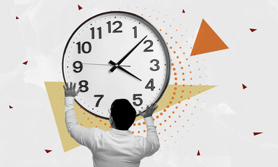 Man on deadline trying to get more time by pushing clock. Creative collage