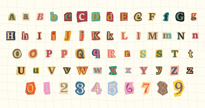 Colorful Scrapbook Paper Cut Alphabet with Torn Magazine Letters and Crayon Scribbles