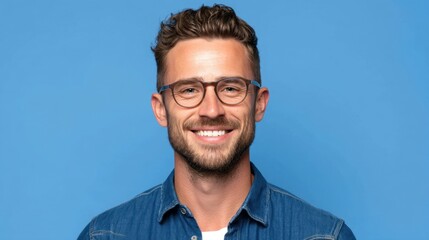 Obraz premium Young caucasian male smiling in blue shirt with glasses against blue background.