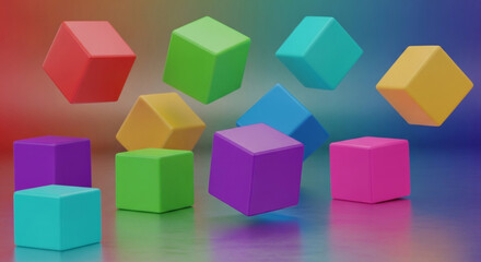 Obraz premium Colorful 3D Cubes in Abstract Motion with Bright Vibrant Lighting on Reflective Surface for Creative Design