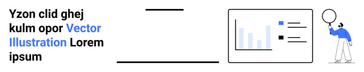 Bar chart with analysis, organized textual data, individual pointing at board with balloon. Ideal for analytics, business, strategy, planning, education, startups simple landing page