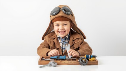 Child in pilot outfit using a toy tool as a mechanic on a white backdrop, text area available