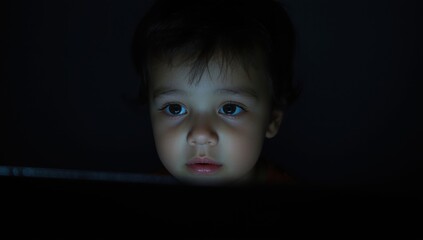 Child observing a display in darkness