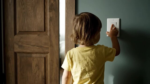 Child reaching for a light switch indoors, soft natural light, wooden door detail.