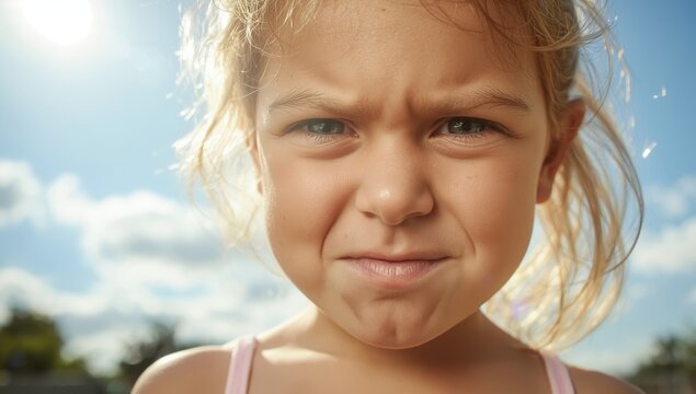 Child making a funny face. Close-up photo of a kid outside on a bright summer day