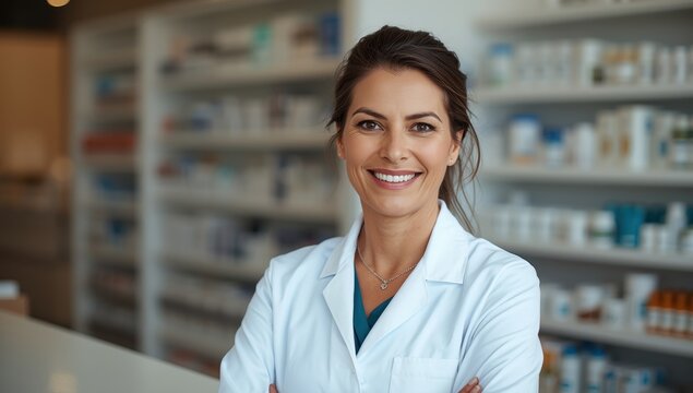 Confident Hispanic female pharmacist in her middle age smiling at the pharmacy