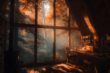 Fototapeta premium Cozy cabin living room with autumn view of serene forest in warm sunlight