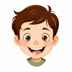 Obraz premium Smiling Cartoon Boy with Brown Hair and Big Eyes Exhibiting Joyful Expression on White Background with Green Shirt Detail
