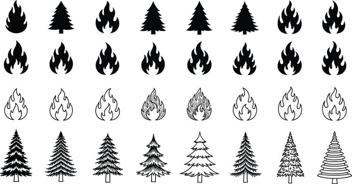 Flame icons, pine tree silhouettes, fire symbol, forest design, nature outline, wildfire awareness, environmental graphic, outdoor theme, decorative set, flat vector illustration