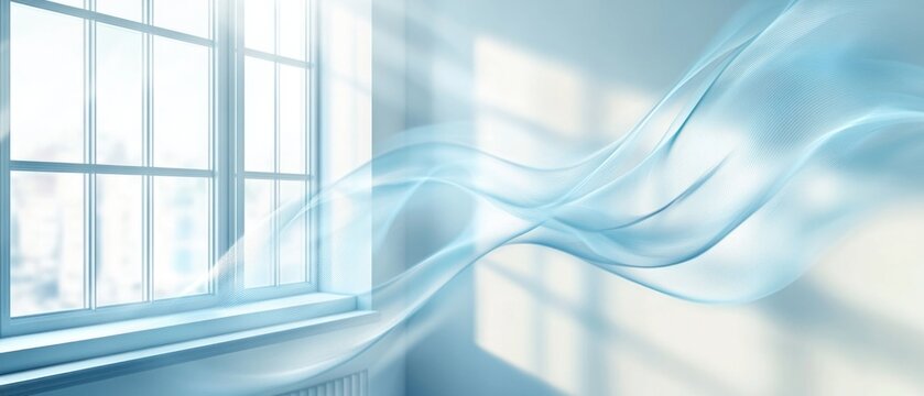 Blue waves of fresh clean air flowing in a modern apartment from an air conditioner, illustrating fresh scent, air filtration, ventilation, healthy indoor environment for lifestyle and home concepts