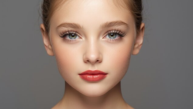 Image of a lovely young woman. Beauty makeup. Vibrant lips and eyes. Skin retouched meticulously. Bold brows. Long eyelashes. Gray tones