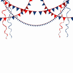 Obraz premium Colorful Festive Bunting and Curled Ribbons in Red, White, and Blue Create a Joyful Celebration Atmosphere on a Bright, Clean Background