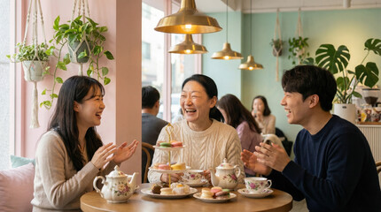 Happy Friends Enjoying Tea and Desserts in Cozy Caf&eacute;