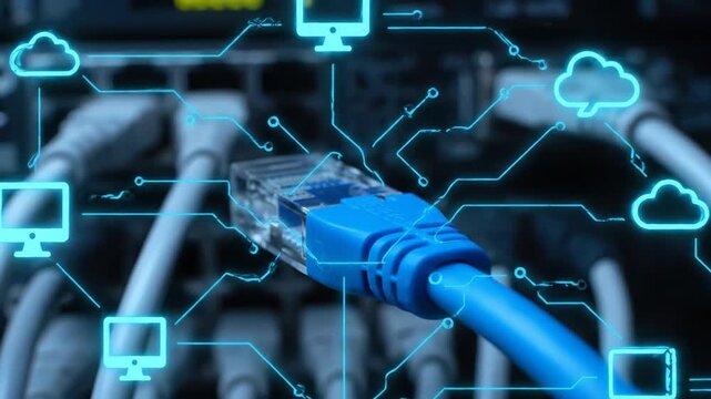 Close up of a blue network cable plugged into a server with glowing digital icons of clouds and computers.