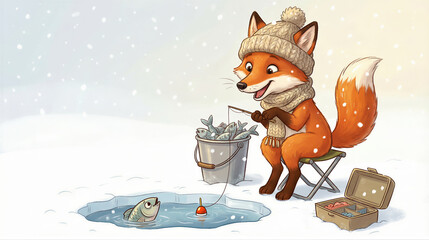 Obraz premium Fox ice fishing on a frozen lake with bucket full of fish. Cartoon animal enjoying winter pastime. Winter fun and leisure activity for children book.