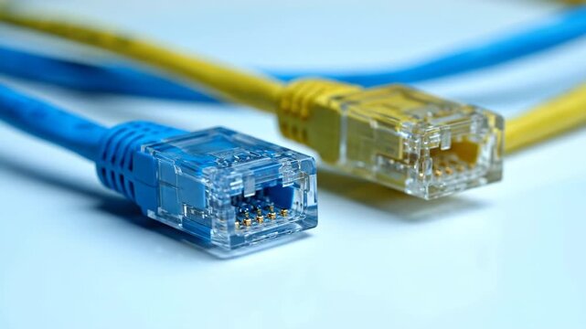 Close up of blue and yellow ethernet cables with clear connectors