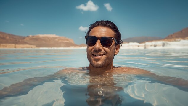 Person suspended in the Dead Sea water, Masada, Israel